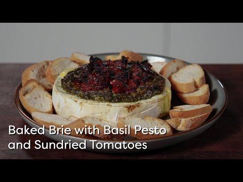 Baked Brie with Basil Pesto and Sun-dried tomatoes | Free to Cook