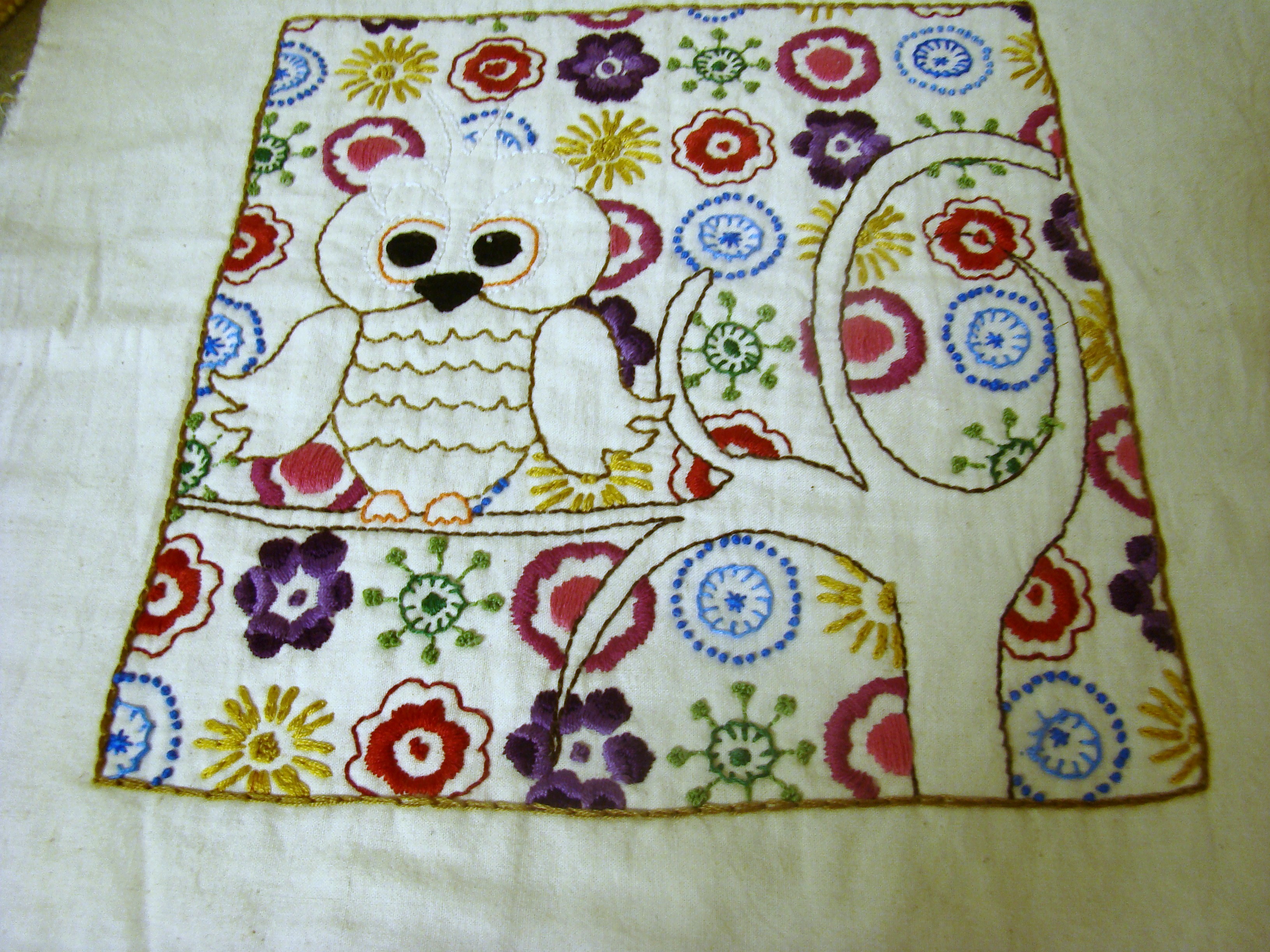 Embroidered Owl and Flowers